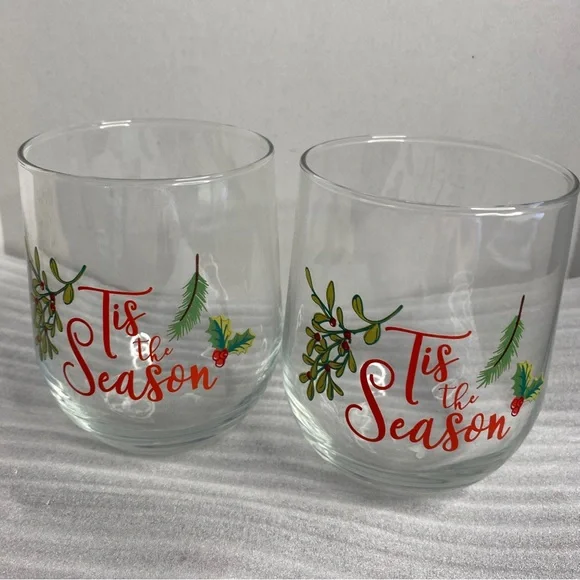 unbranded | Dining | Tis The Season Printed Stemless Wine Glasses Red Green  68oz Set Of 2 | Poshmark